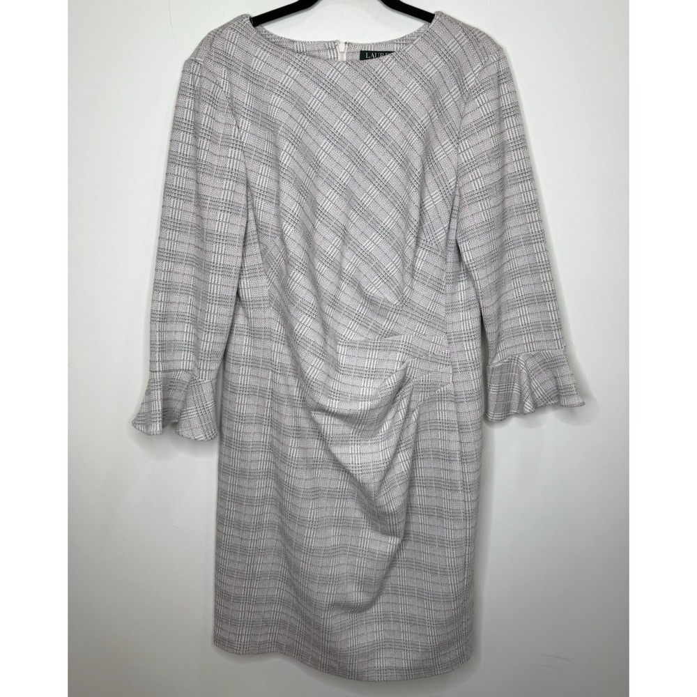 Ralph‎ Lauren Career Dress 16 Tweed Plaid Ruched Preppy Office Work Bell Sleeve